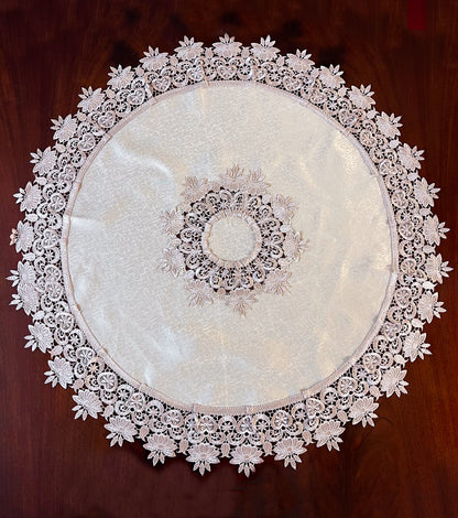 Floris Linens Susan Victorian Embroidery Table Topper with Classic Lilac Lace on Ivory Fabric