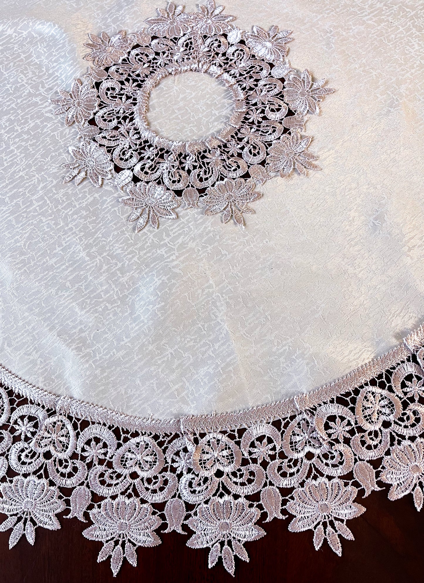 Floris Linens Susan Victorian Embroidery Table Topper with Classic Lilac Lace on Ivory Fabric