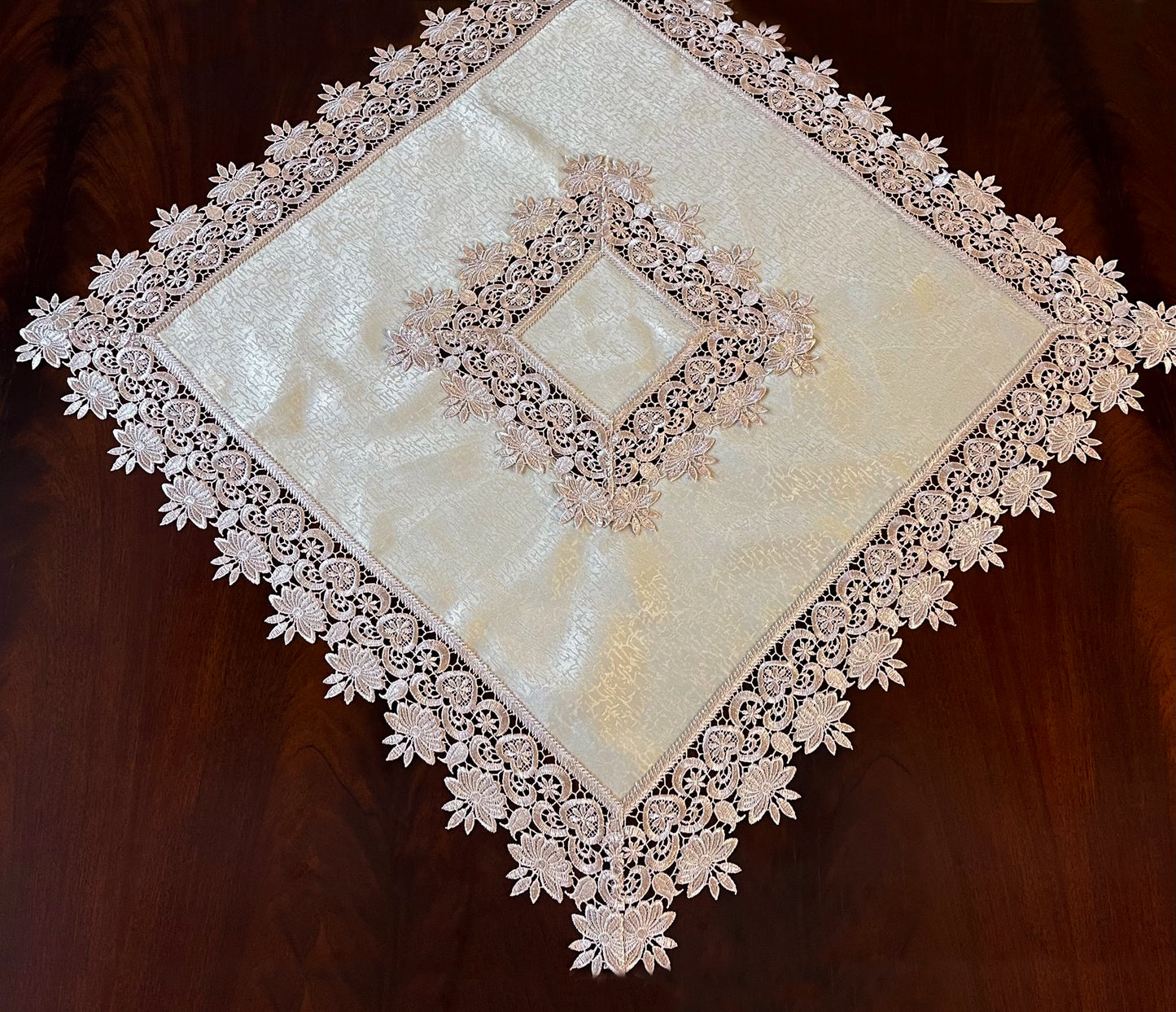 Floris Linens Susan Victorian Embroidery Table Topper with Classic Lilac Lace on Ivory Fabric