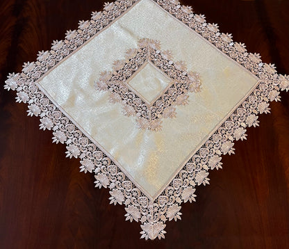 Floris Linens Susan Victorian Embroidery Table Topper with Classic Lilac Lace on Ivory Fabric