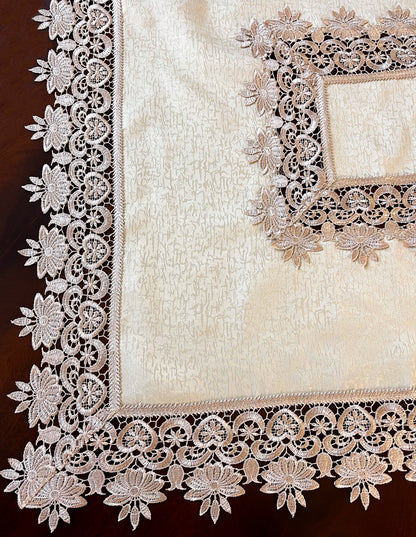 Floris Linens Susan Victorian Embroidery Table Topper with Classic Lilac Lace on Ivory Fabric