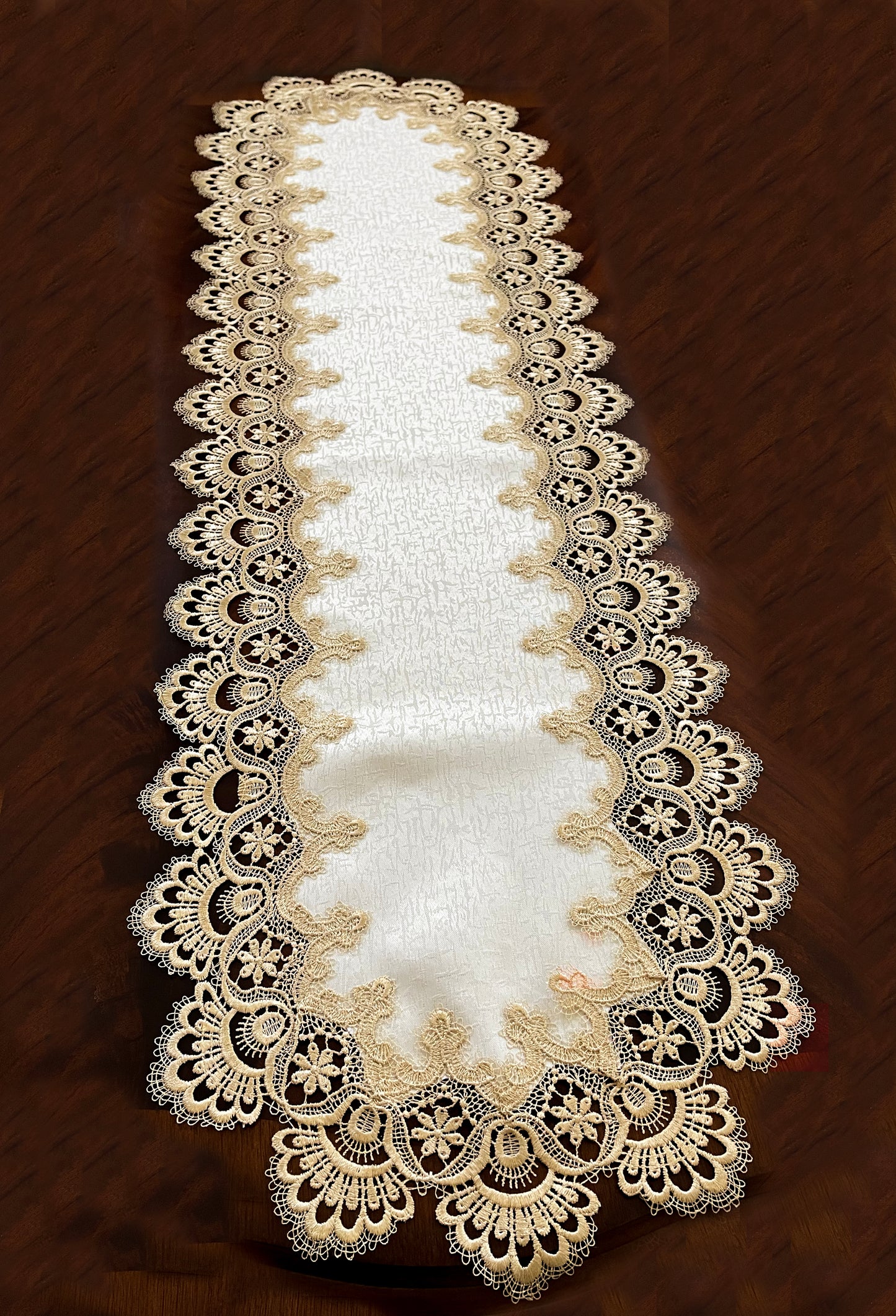 Floris Linens Ellen Victorian Embroidered Table Runner with Classic Golden Lace and High Quality White Fabric