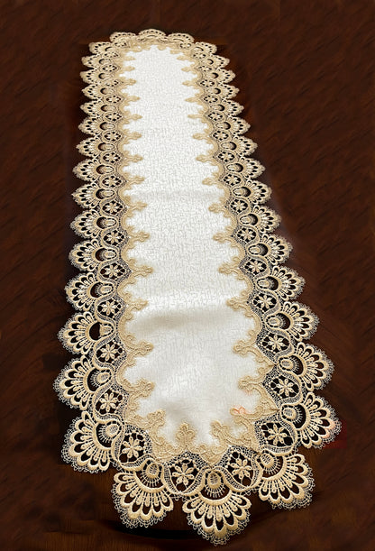 Floris Linens Ellen Victorian Embroidered Table Runner with Classic Golden Lace and High Quality White Fabric