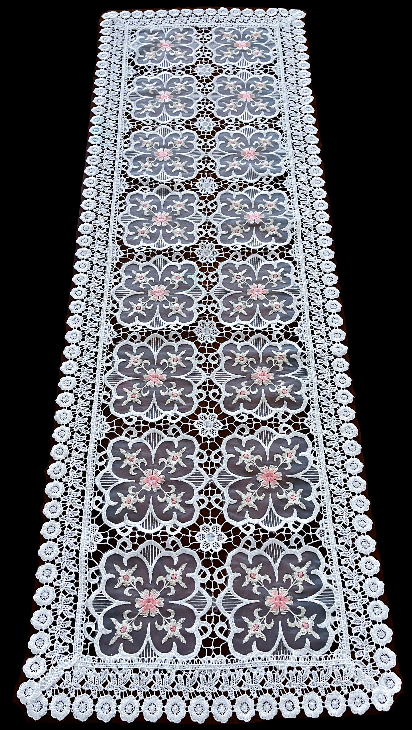 Floris Linens Doris European Lace Pattern Table Runner with Pink Floral Embroidery, White