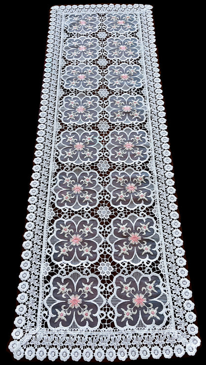 Floris Linens Doris European Lace Pattern Table Runner with Pink Floral Embroidery, White