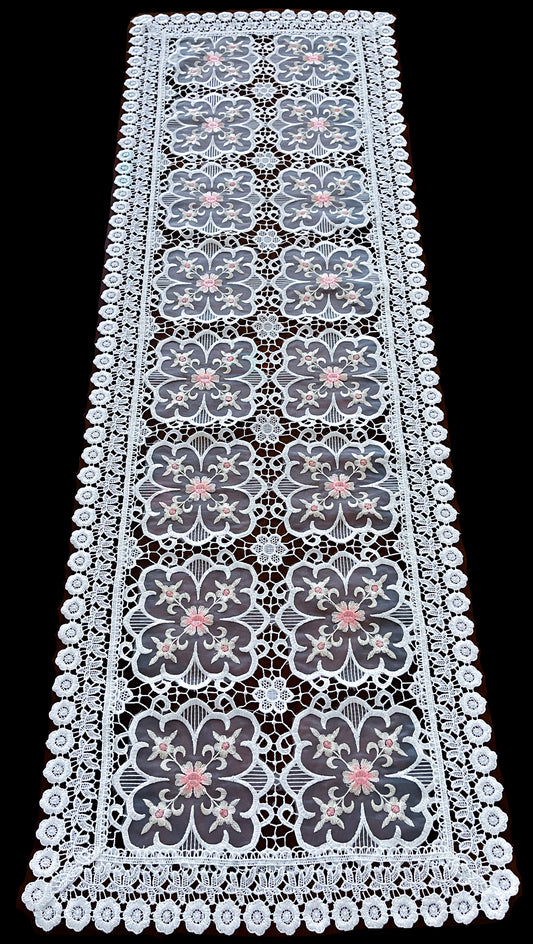Floris Linens Doris European Lace Pattern Table Runner with Pink Floral Embroidery, White