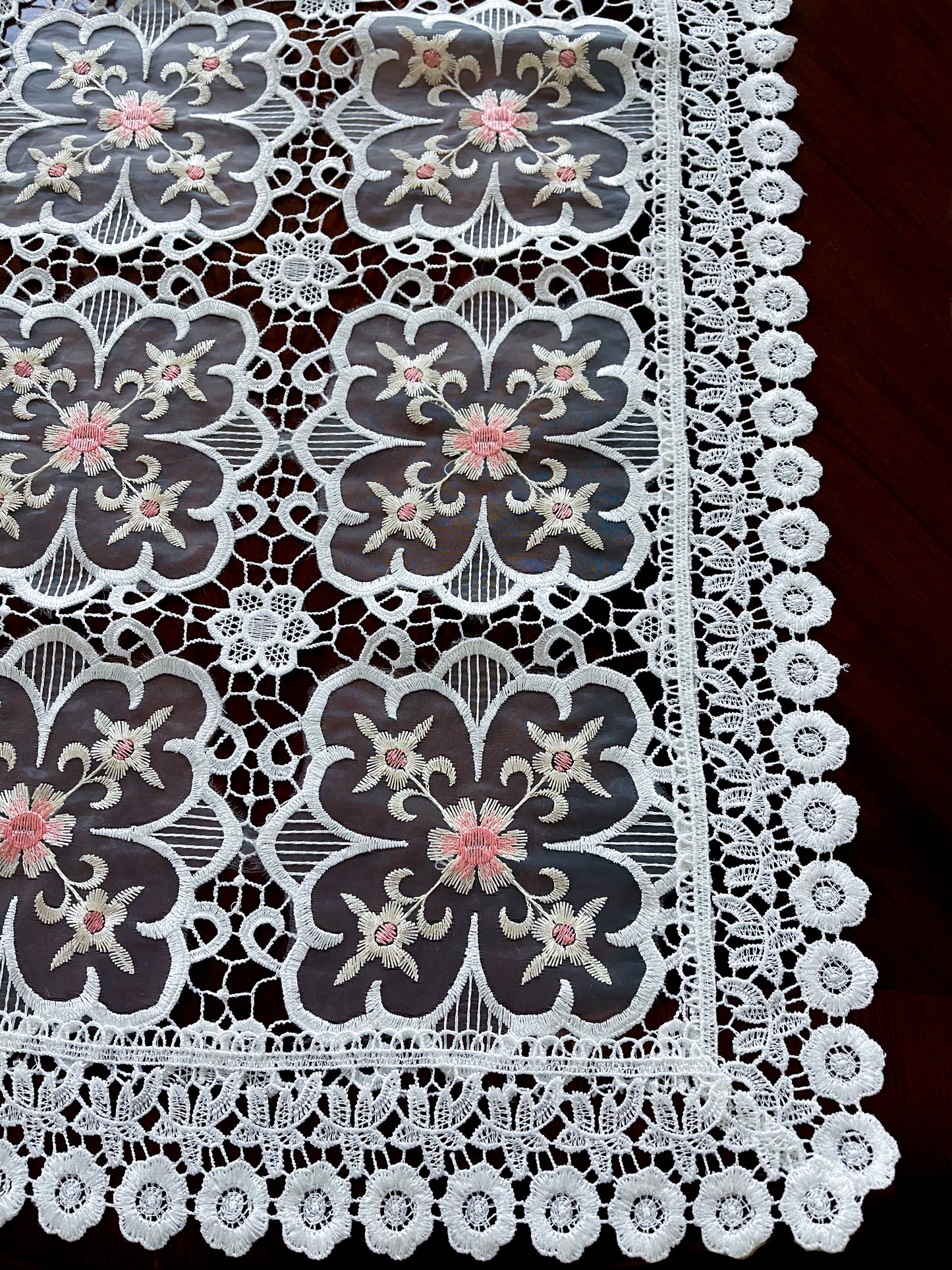 Floris Linens Doris European Lace Pattern Table Runner with Pink Floral Embroidery, White