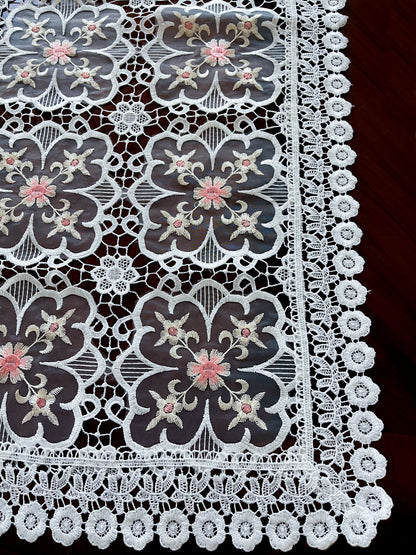 Floris Linens Doris European Lace Pattern Table Runner with Pink Floral Embroidery, White