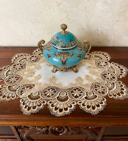 Floris Linens Ellen Victorian Embroidered Placemat with Classic Golden Lace and High Quality White Fabric