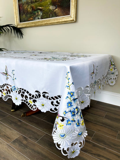 Floris Linens Kai Hummingbird Embroidery Cutwork Tablecloth