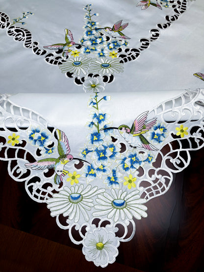 Floris Linens Kai Hummingbird Embroidery Cutwork Tablecloth