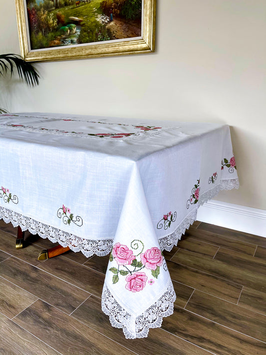 Floris Linens Rasa Embroidered Rose Tablecloth with Intricate Lace Pattern, Cross-Stitched