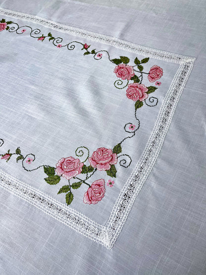 Floris Linens Rasa Embroidered Rose Tablecloth with Intricate Lace Pattern, Cross-Stitched