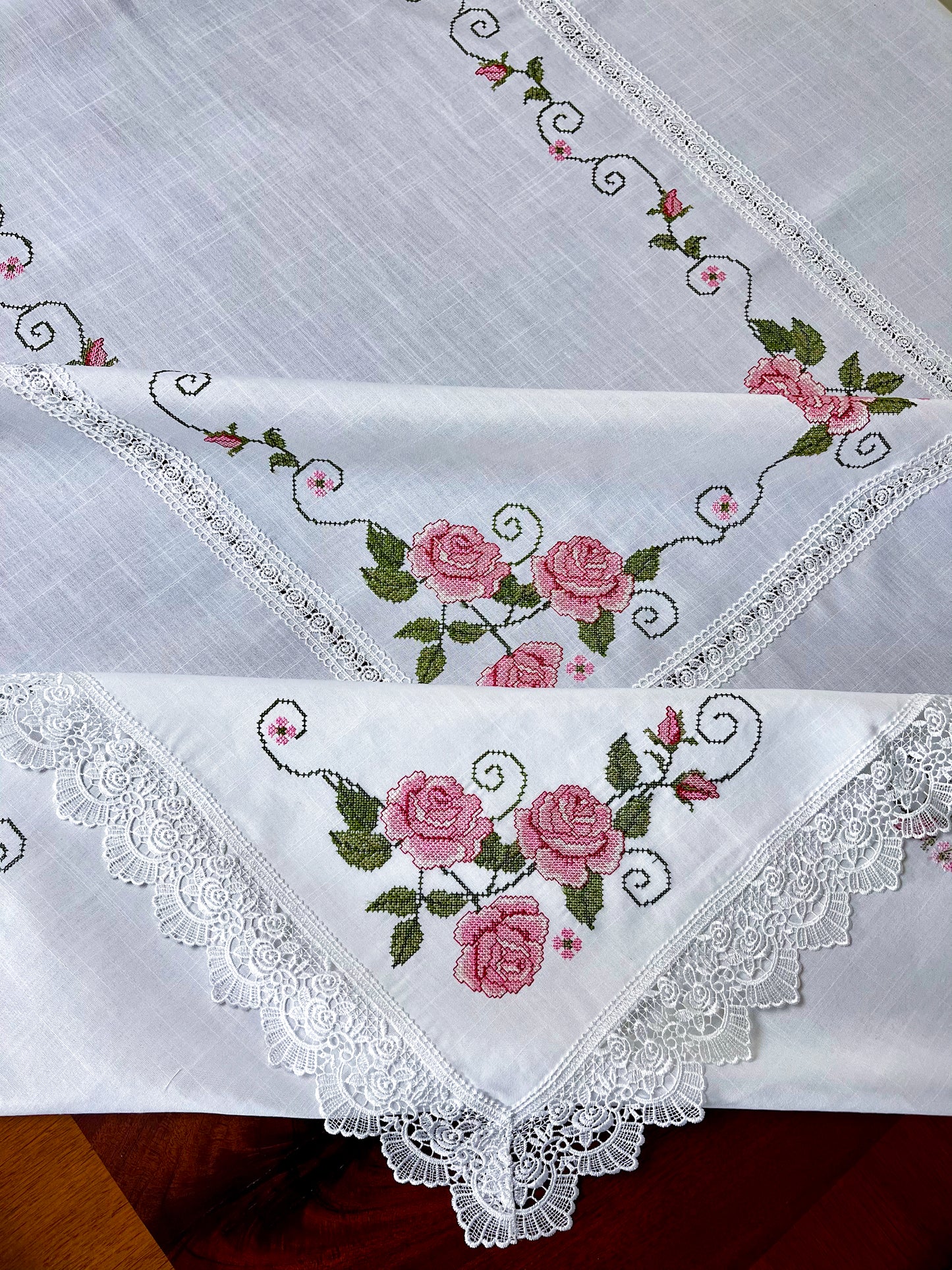 Floris Linens Rasa Embroidered Rose Tablecloth with Intricate Lace Pattern, Cross-Stitched