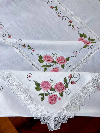 Floris Linens Rasa Embroidered Rose Tablecloth with Intricate Lace Pattern, Cross-Stitched