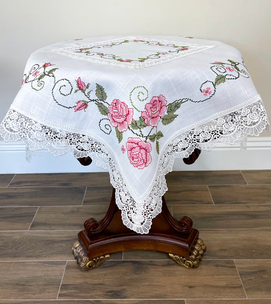 Floris Linens Rasa Embroidered Rose Table Topper with Intricate Lace Pattern, Cross-Stitched
