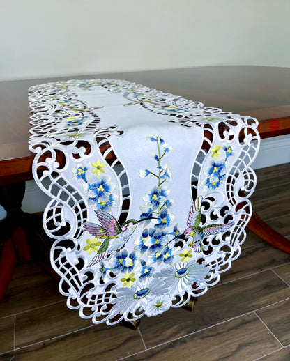 Floris Linens Kai Hummingbird Embroidery Cutwork Table Runner
