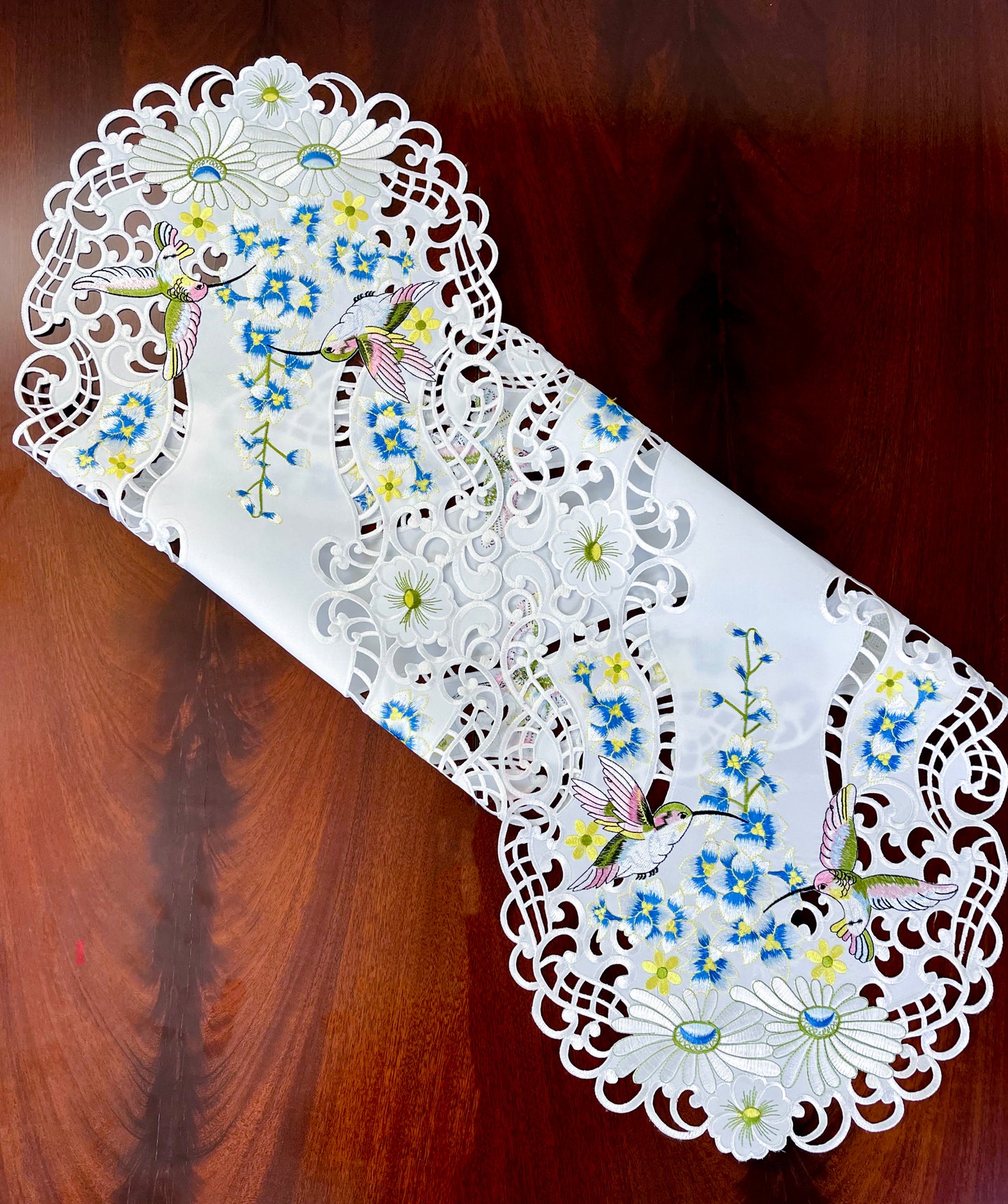 Floris Linens Kai Hummingbird Embroidery Cutwork Table Runner