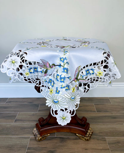Floris Linens Kai Hummingbird Embroidery Cutwork Table Topper