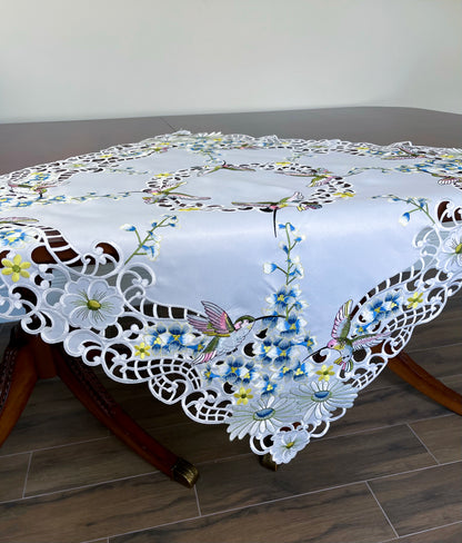 Floris Linens Kai Hummingbird Embroidery Cutwork Table Topper