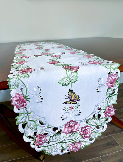 Floris Linens Kaylen Rose Embroidered Cutwork Table Runner with Butterfly Design