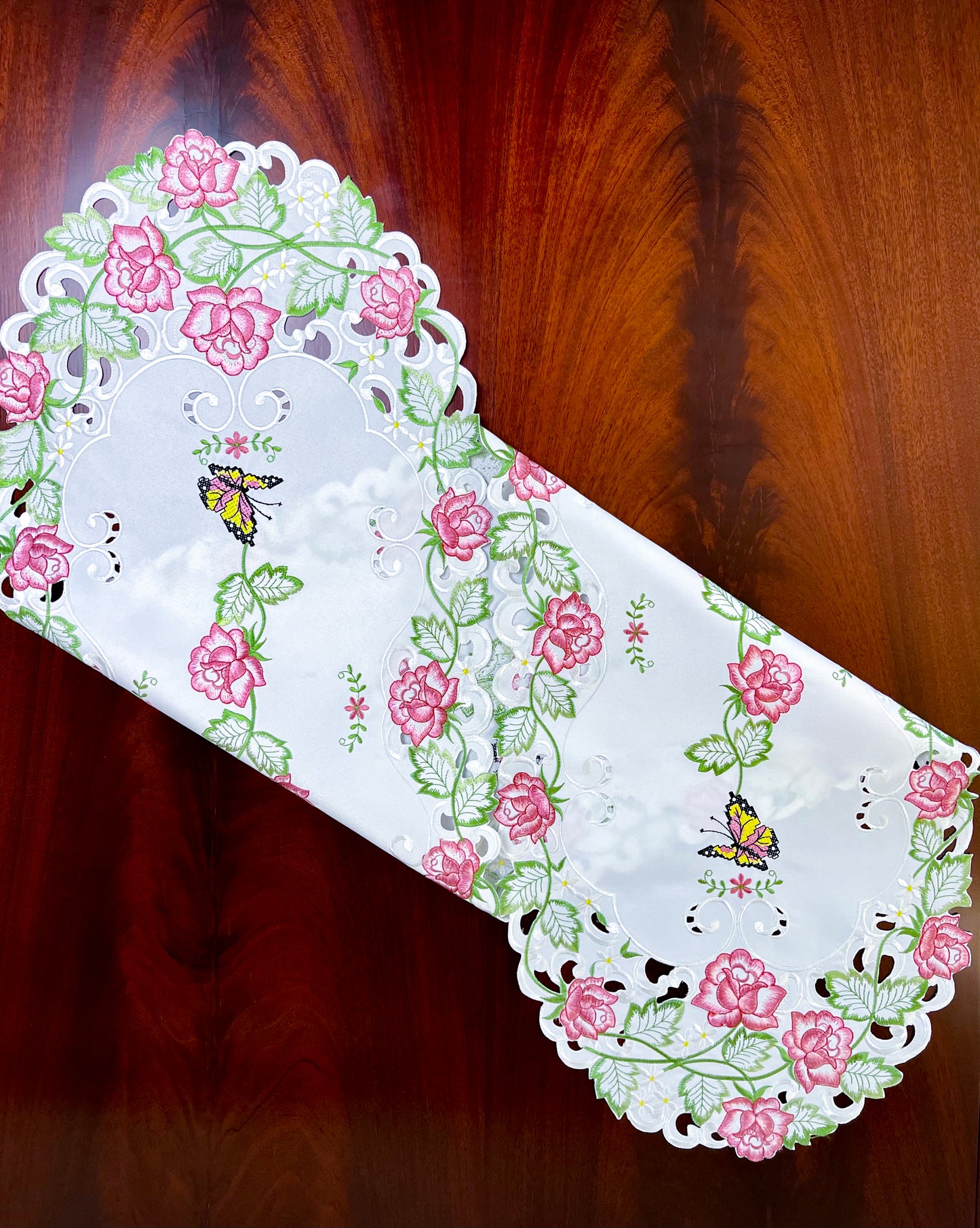 Floris Linens Kaylen Rose Embroidered Cutwork Table Runner with Butterfly Design