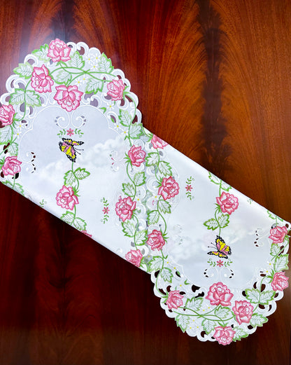 Floris Linens Kaylen Rose Embroidered Cutwork Table Runner with Butterfly Design