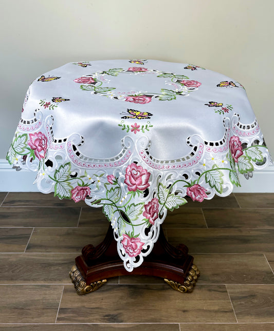 Floris Linens Kaylen Rose Embroidered Cutwork Table Topper with Butterfly Design