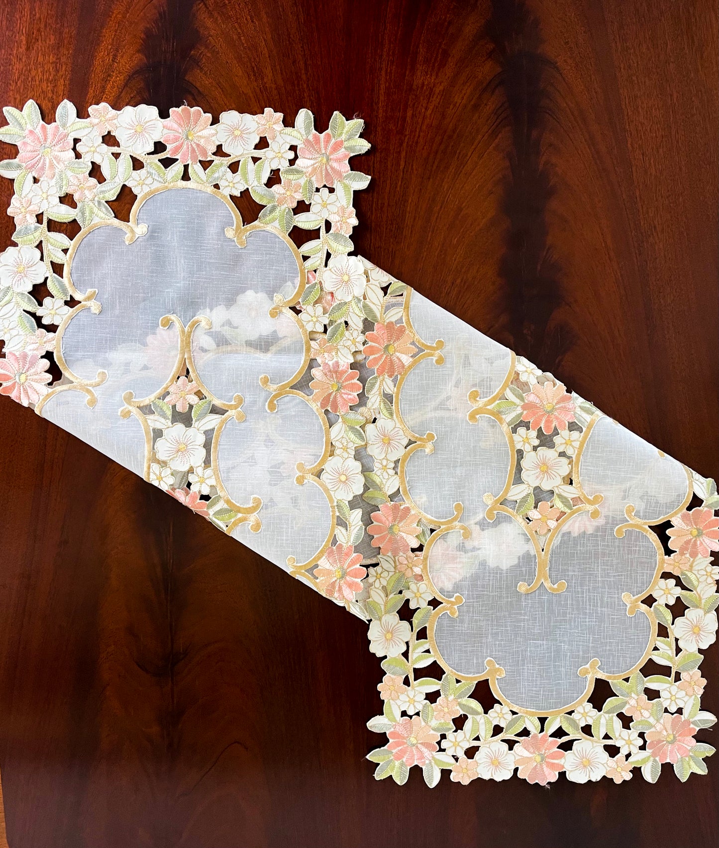 Floris Linens Zita Embroidered Cutwork Table Runner with Floral Design