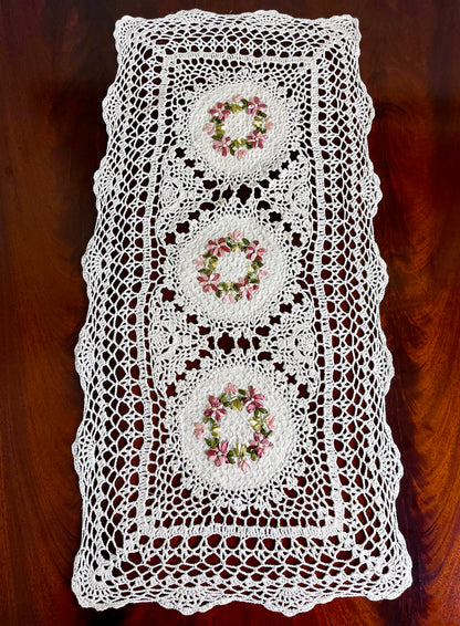 Floris Linens Hailey Crochet Patterned Table Runner with Handmade Flower Embroidery