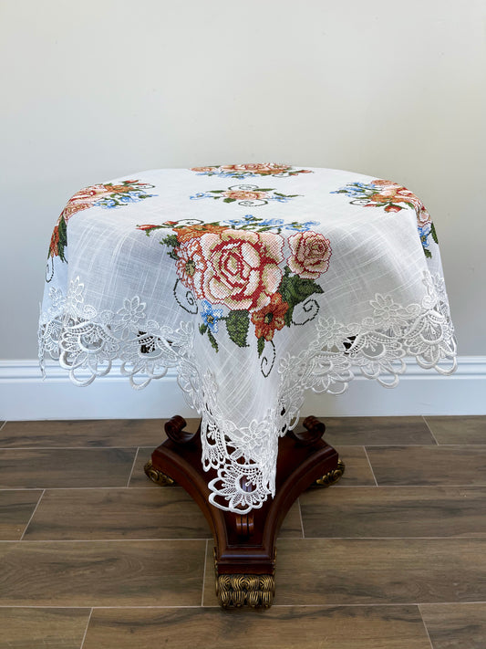 Floris Linens Judith White Lace Table Topper with Vintage Style Cross Stitched Flower Embroidery