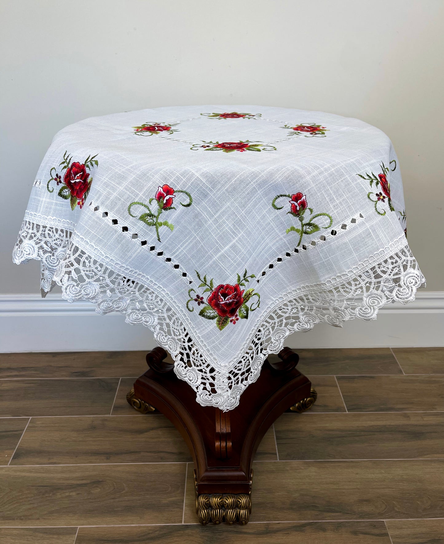 Floris Linens Molly Embroidered Rose Table Topper with Intricate Lace Pattern