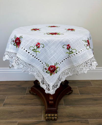 Floris Linens Molly Embroidered Rose Table Topper with Intricate Lace Pattern