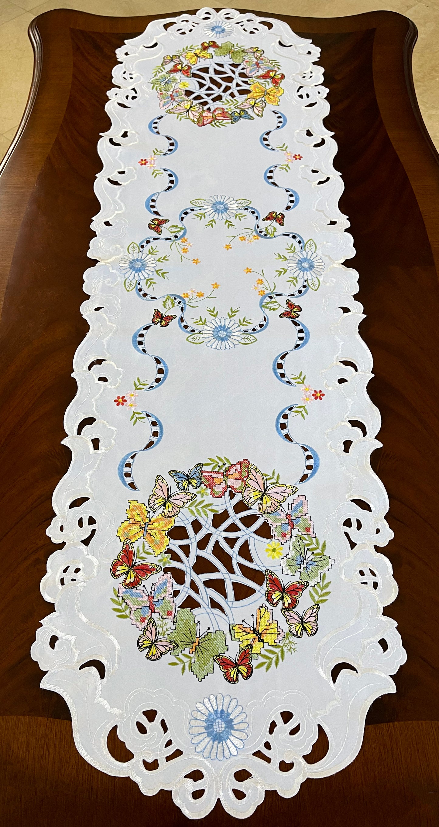 Floris Linens Marin Butterfly Embroidered Cutwork Table Runner