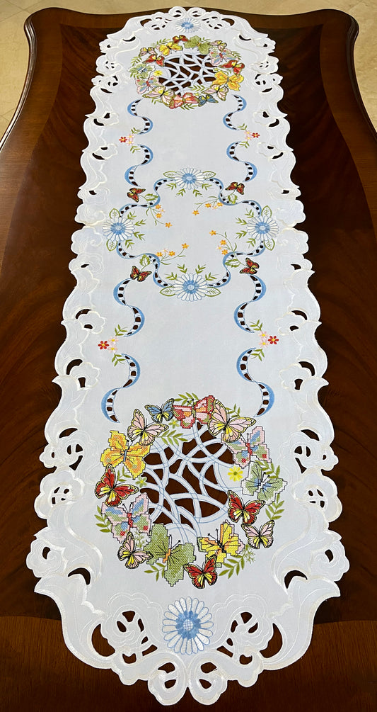 Floris Linens Marin Butterfly Embroidered Cutwork Table Runner