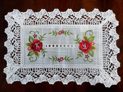 Floris Linens Molly Embroidered Rose Placemat with Intricate Lace Pattern