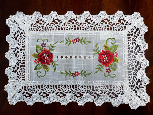 Floris Linens Molly Embroidered Rose Placemat with Intricate Lace Pattern