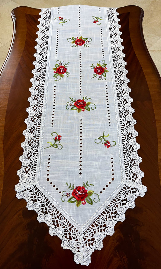 Floris Linens Molly Embroidered Rose Table Runner with Intricate Lace Pattern