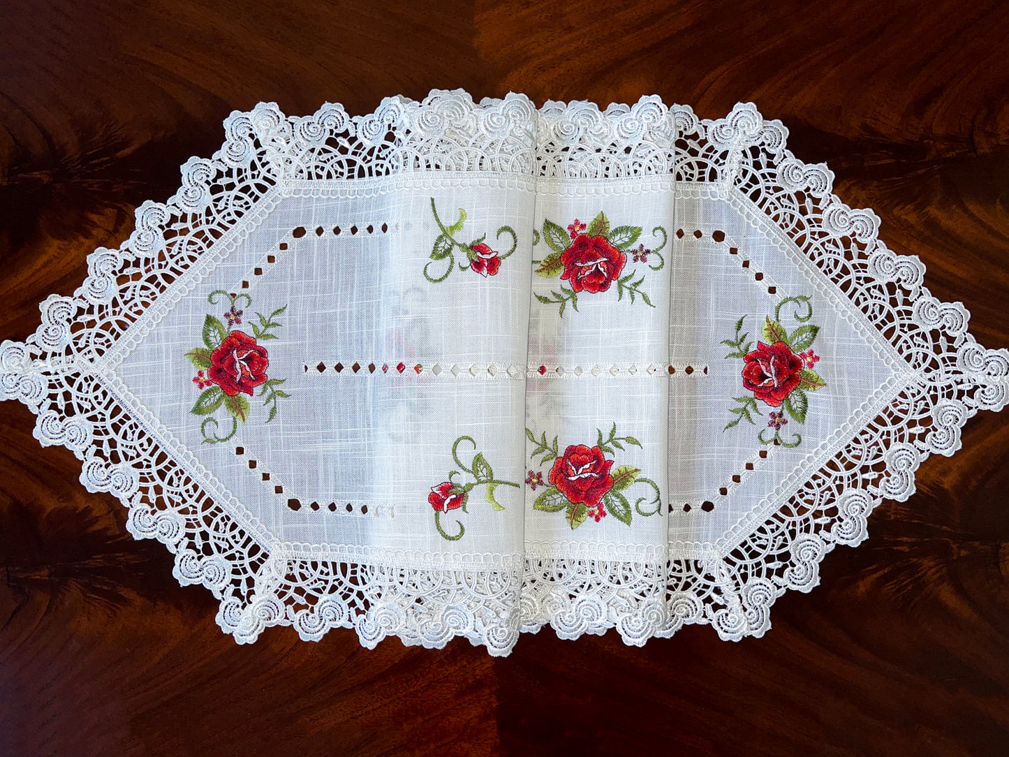 Floris Linens Molly Embroidered Rose Table Runner with Intricate Lace Pattern