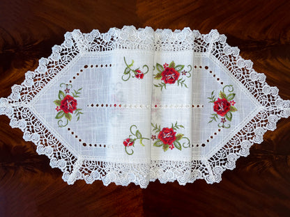 Floris Linens Molly Embroidered Rose Table Runner with Intricate Lace Pattern