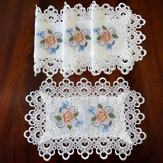 Floris Linens Judith White Lace Placemat with Vintage Style Cross Stitched Flower Embroidery