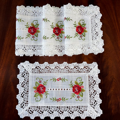 Floris Linens Molly Embroidered Rose Placemat with Intricate Lace Pattern
