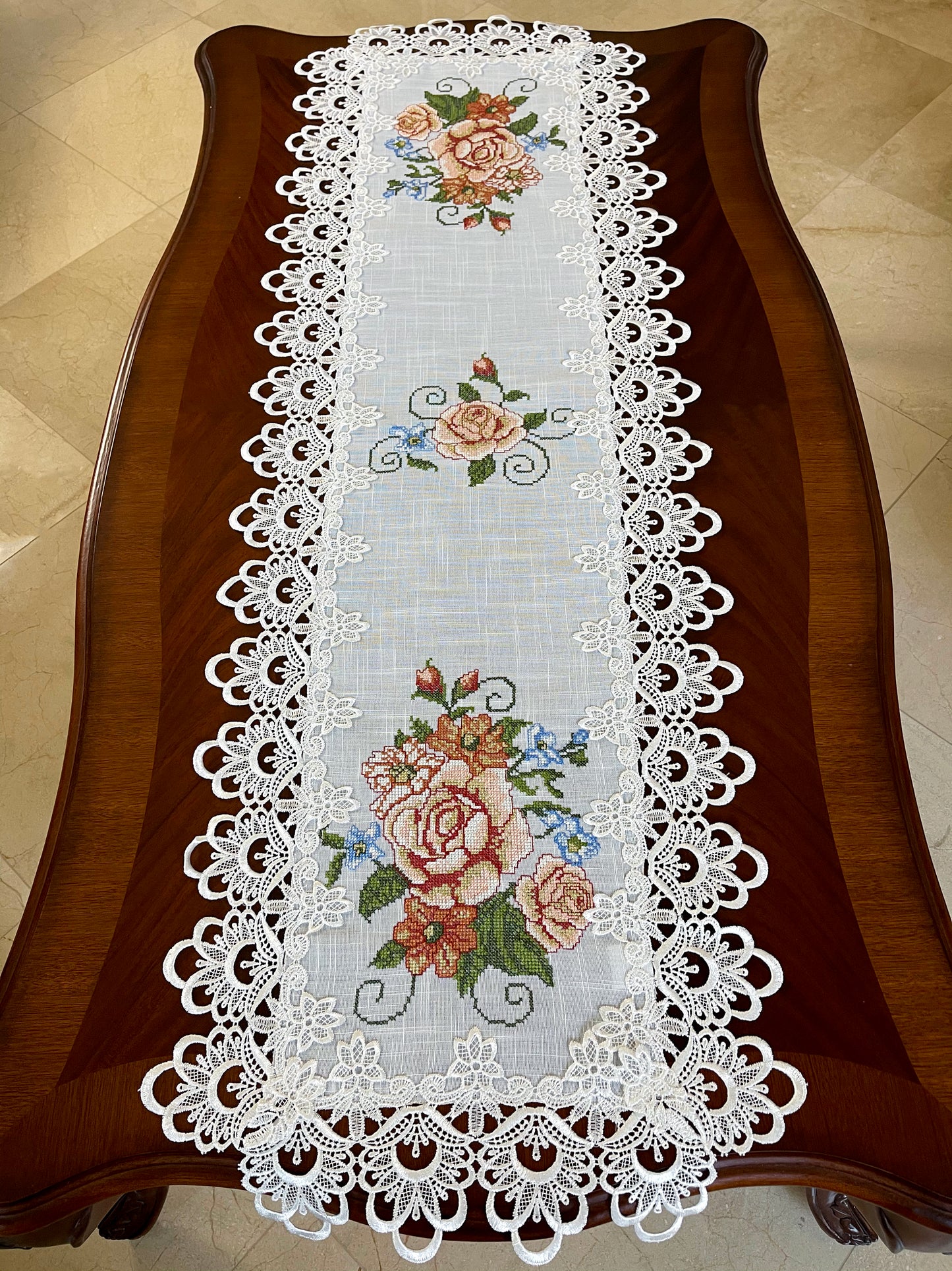 Floris Linens Judith White Lace Table Runner with Vintage Style Cross Stitched Flower Embroidery