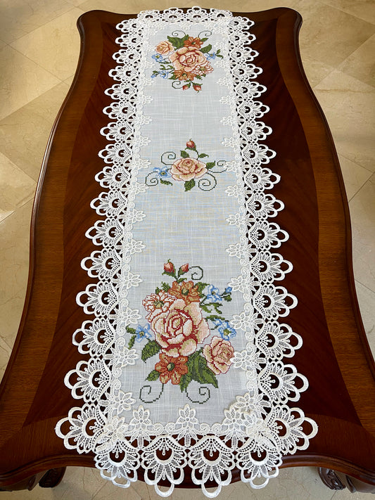 Floris Linens Judith White Lace Table Runner with Vintage Style Cross Stitched Flower Embroidery