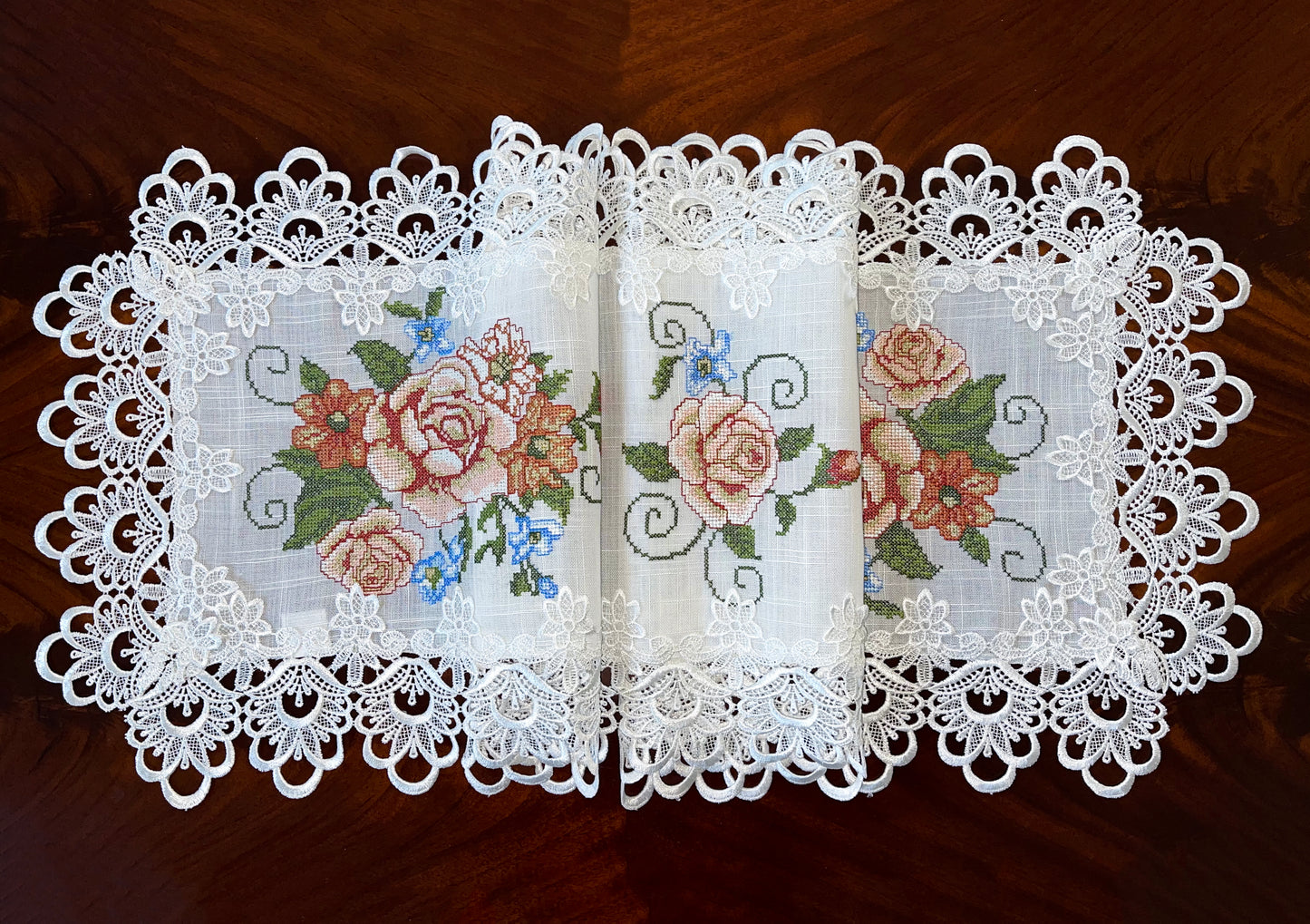 Floris Linens Judith White Lace Table Runner with Vintage Style Cross Stitched Flower Embroidery