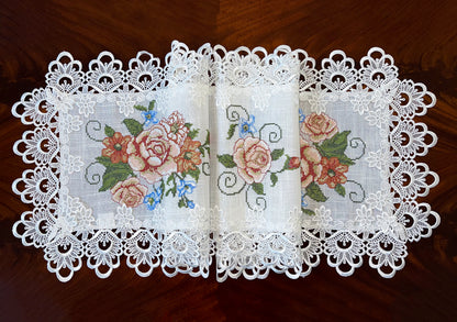 Floris Linens Judith White Lace Table Runner with Vintage Style Cross Stitched Flower Embroidery
