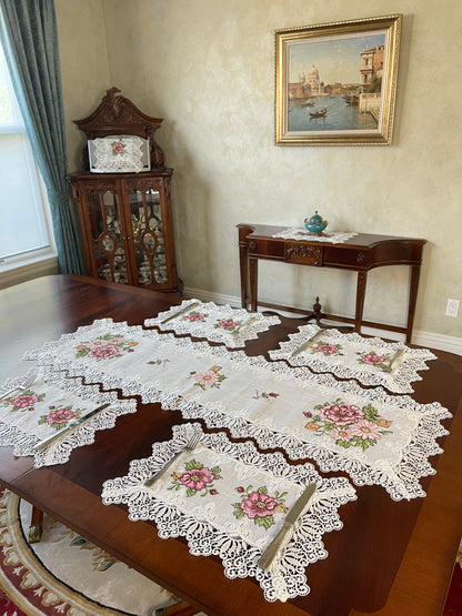 Floris Linens Katrina Cross Stitched Embroidery Laced Table Runner, White Color