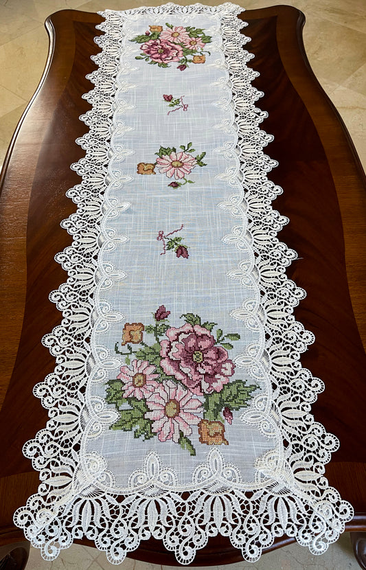Floris Linens Katrina Cross Stitched Embroidery Laced Table Runner, White Color