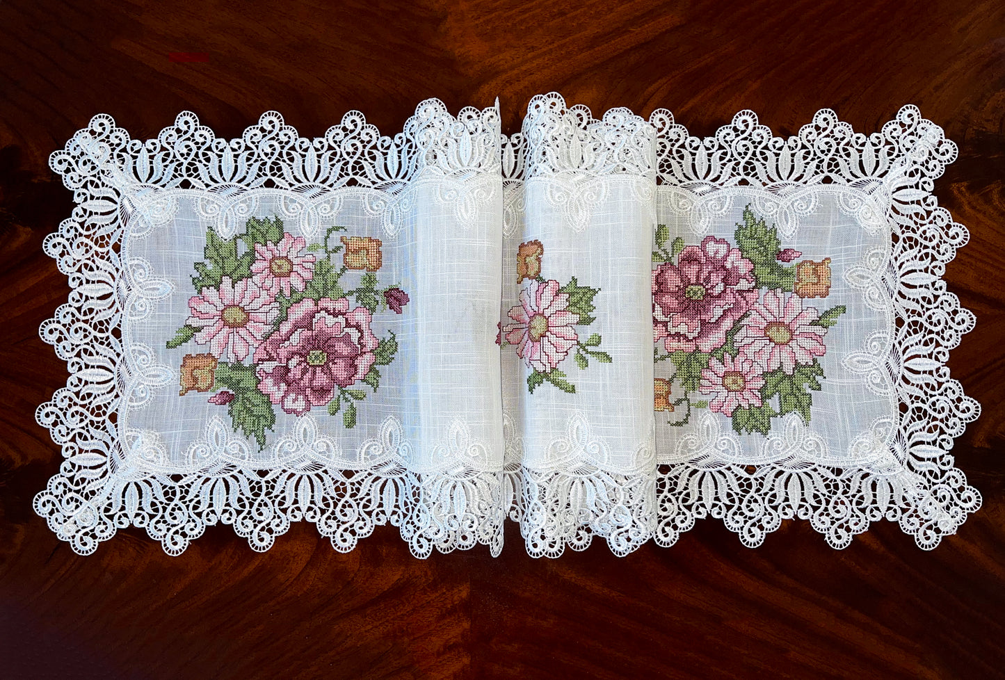 Floris Linens Katrina Cross Stitched Embroidery Laced Table Runner, White Color