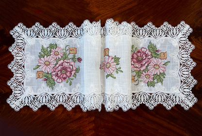 Floris Linens Katrina Cross Stitched Embroidery Laced Table Runner, White Color